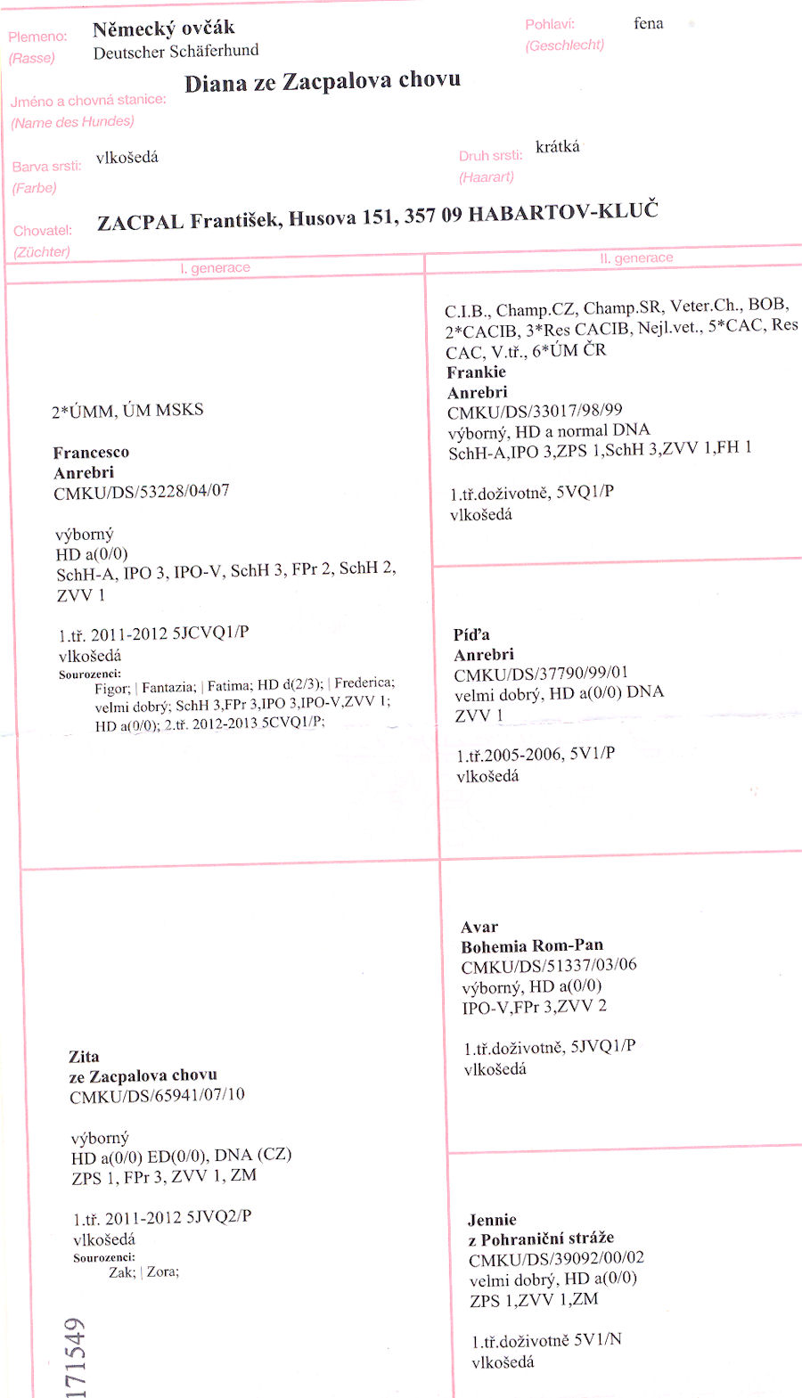 Original image from the archived DIANA ze Zacpalova chovu record