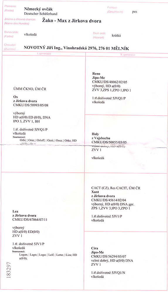 Zako Max z Jirkova dvora — pedigree scan 1